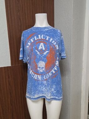 Affliction Distressed Blue Tee with Orange Graphic